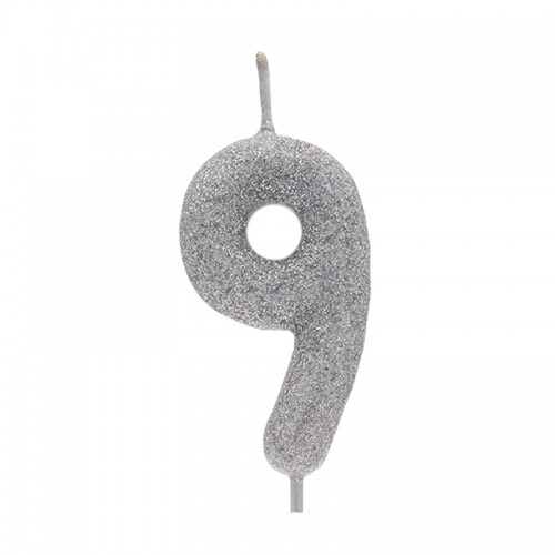 Vela Número 9 Prateado Glitter